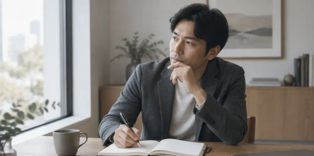 明るい部屋で手帳に書き込みながら考える男性